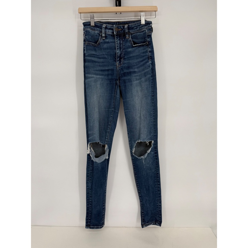 American Eagle High‎ Rise Skinny Jeans Distressed Knee Rip Dark Wash Womens Sz 2